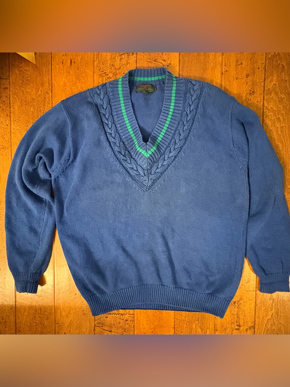 Vintage Abercrombie & Fitch Blue V-Neck Cable Knit Sweater Men's Size L Academia